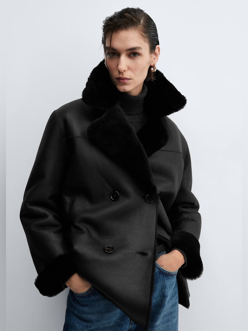 Mango SHEARLING-LINED 100% Sheep LEATHER with Fur JACKET